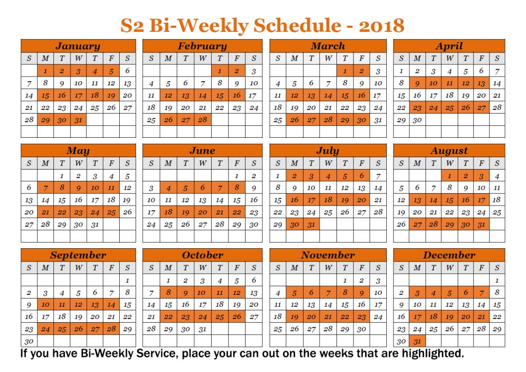 2018 Biweekly schedule for S2 trash pickup