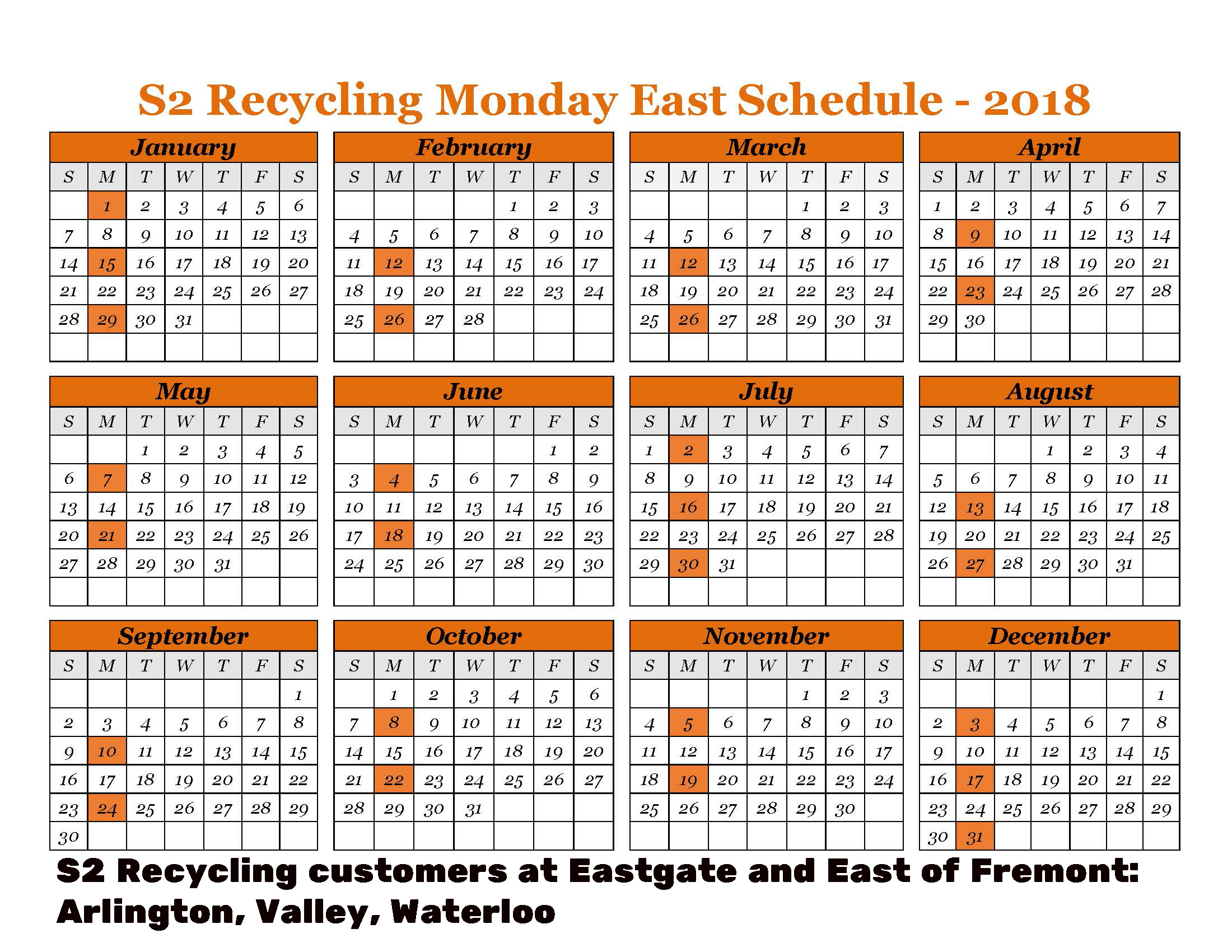 2018 Recycling Monday East Schudule