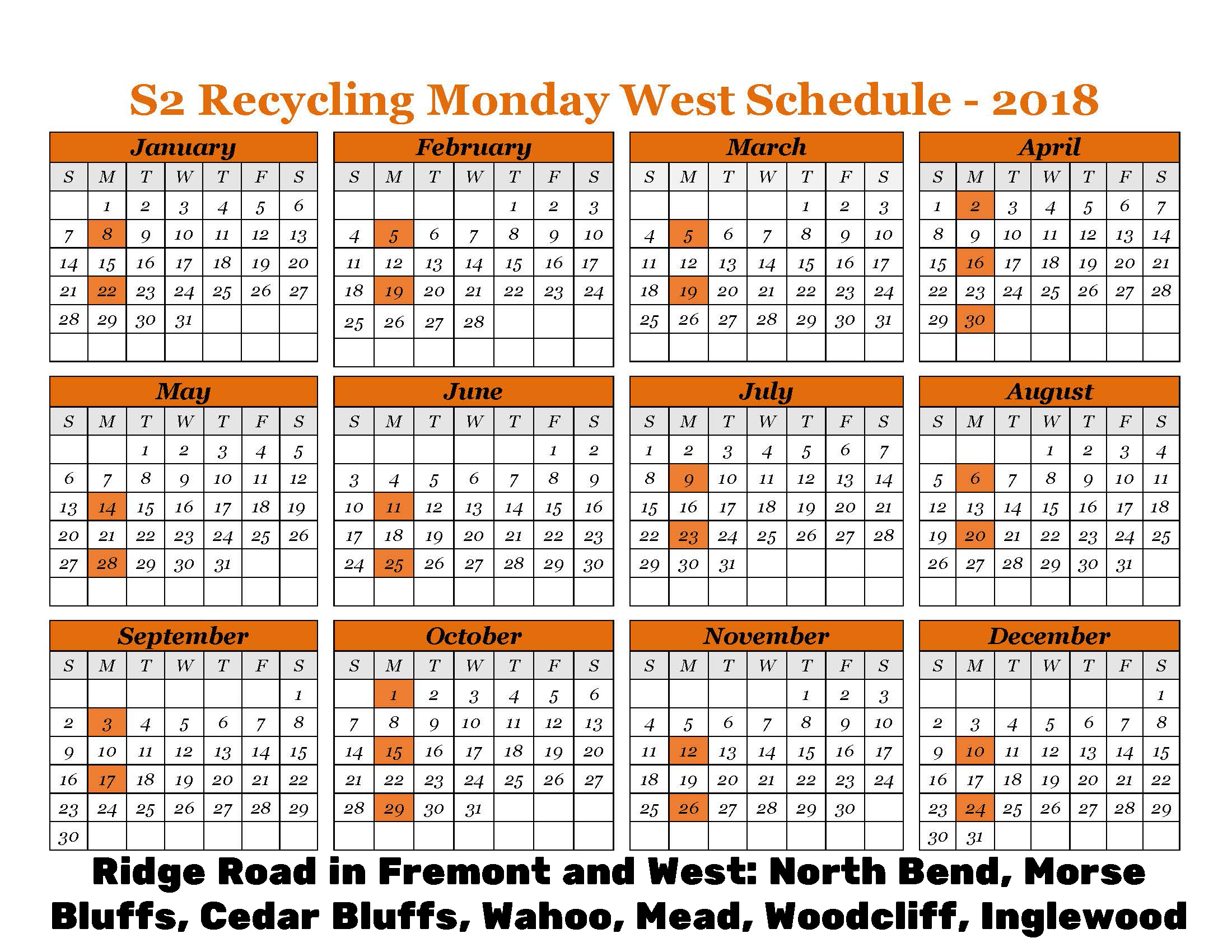 2018 Recycling Monday West Schudule