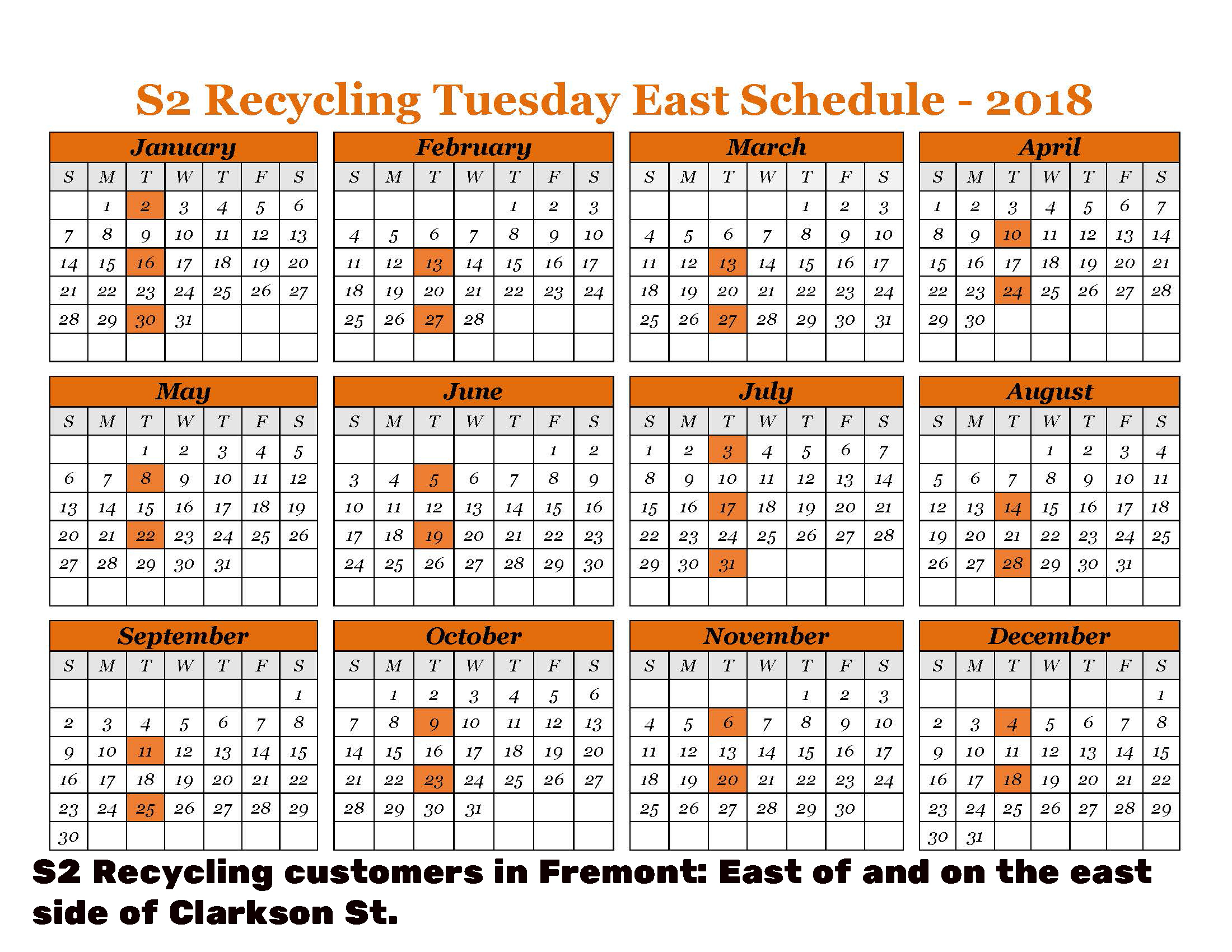 2018 Recycling Tuesday East Schudule