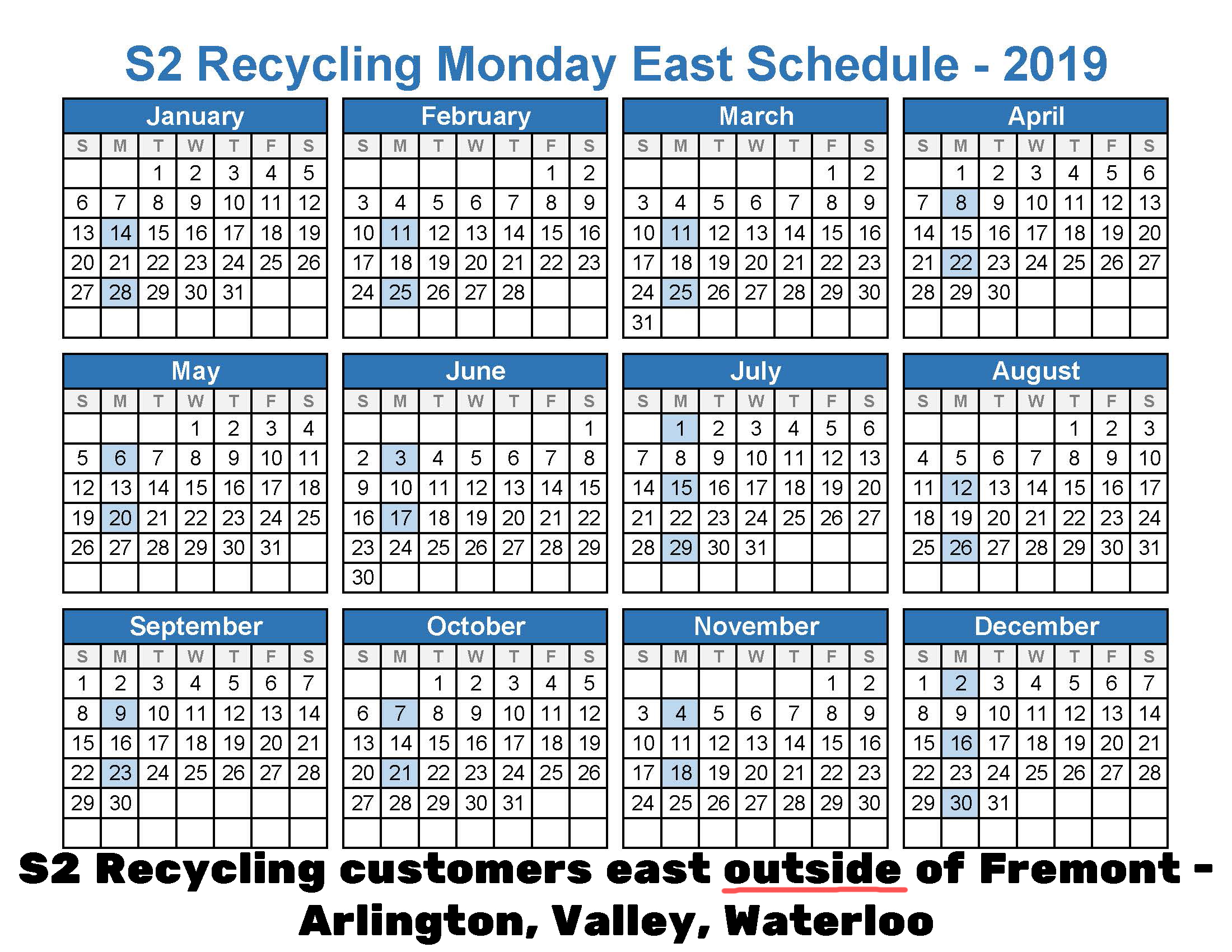 2019 Recycling Monday East schedule