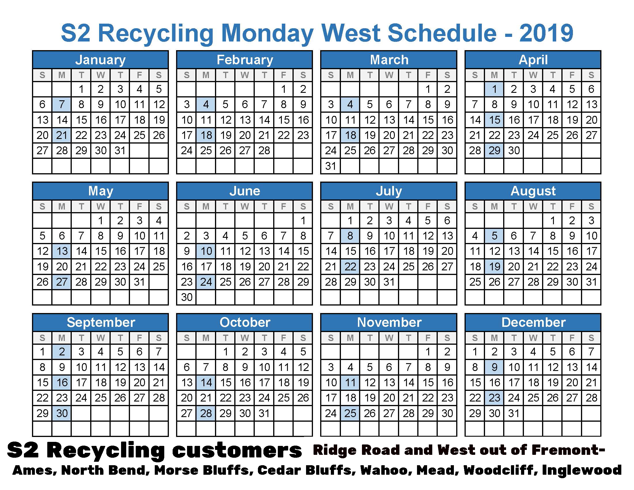 2019 Recycling Monday West Schedule