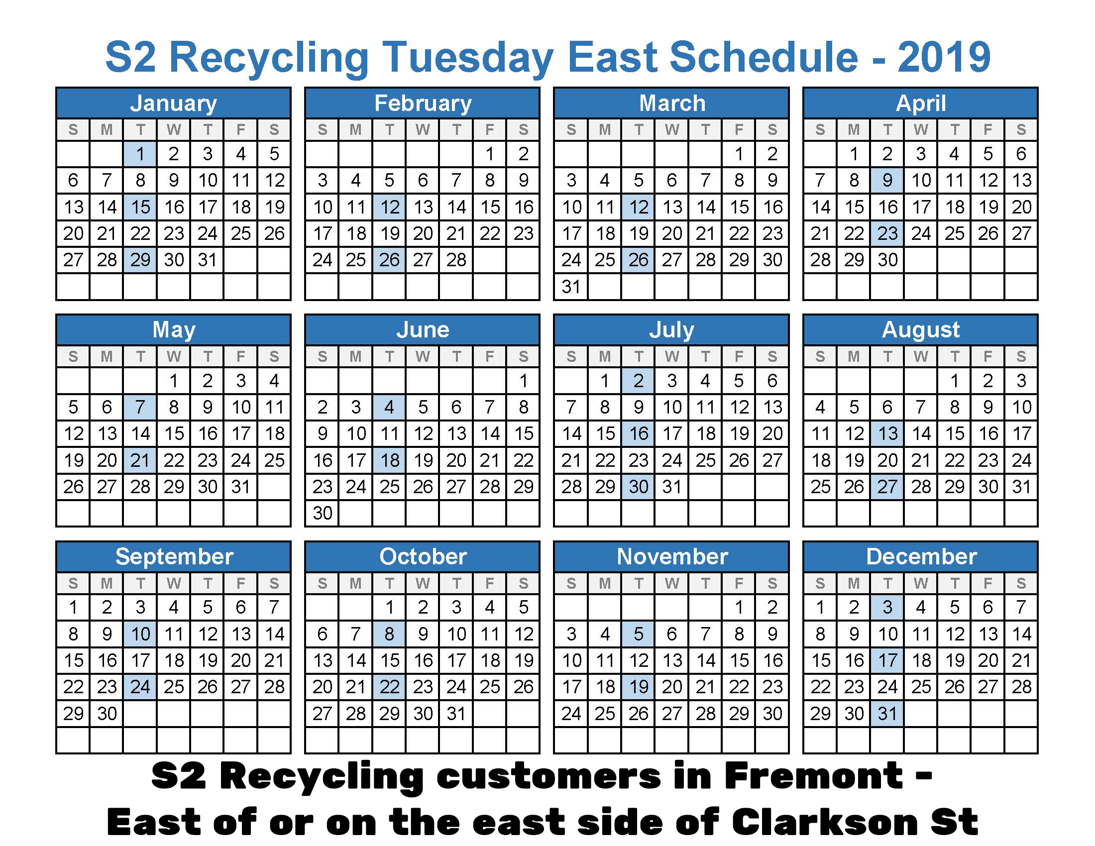 2019 Recycling Tuesday East Schedule