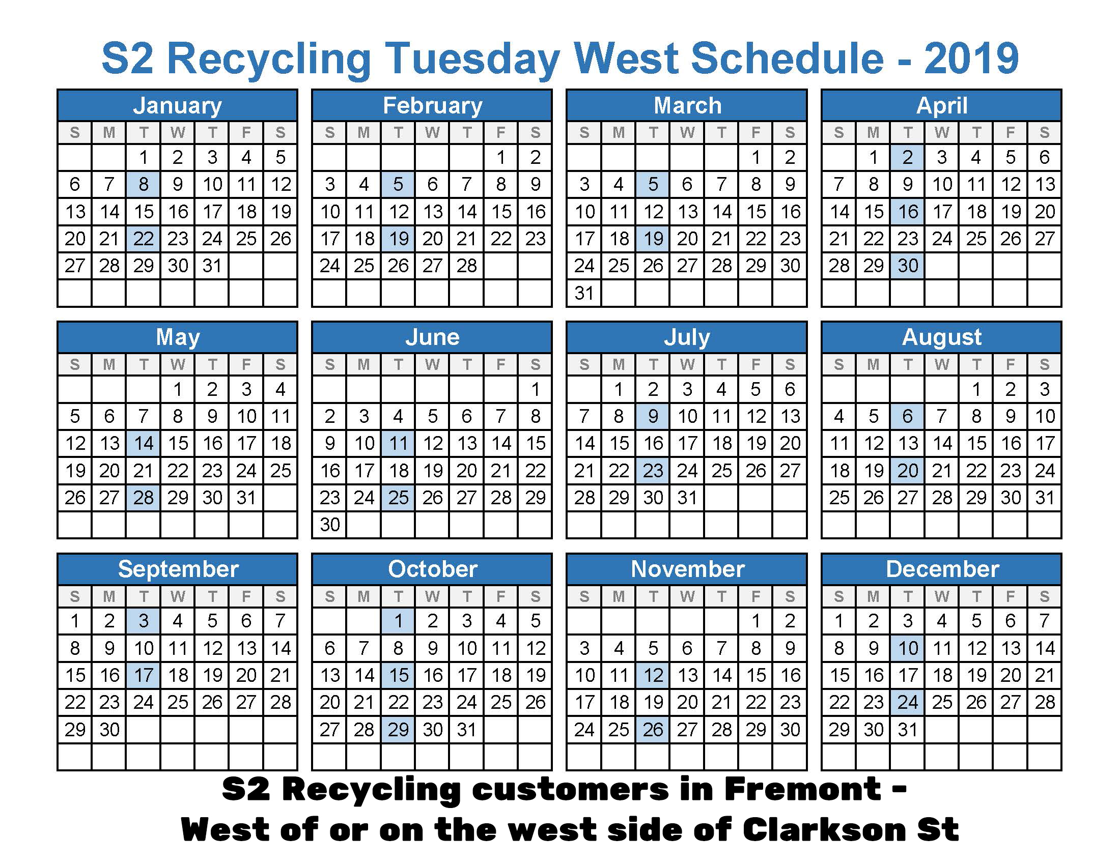 2019 Recycling Tuesday West Schedule