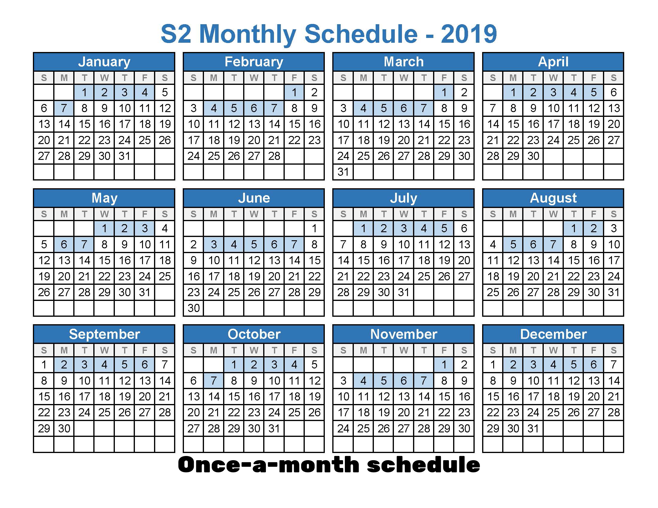 2019 monthly schedule
