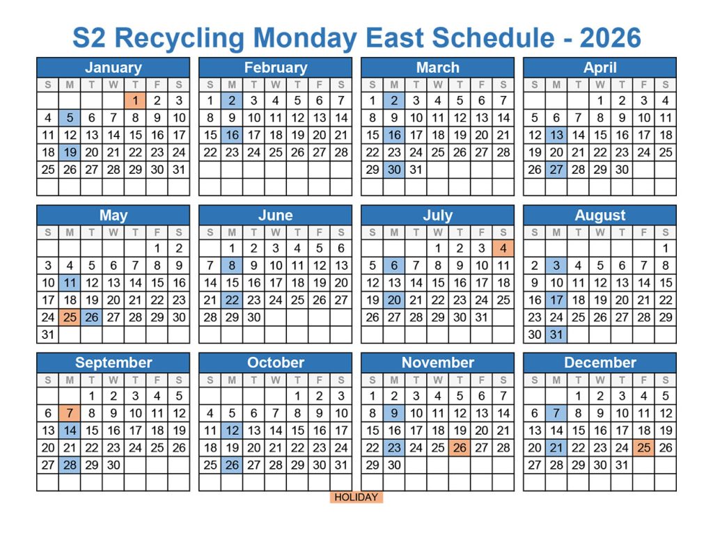 2026 Recycling Monday East schedule