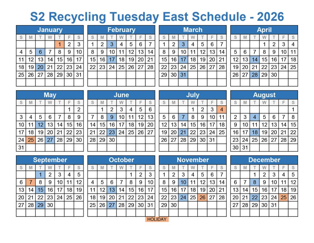 2026 Recycling Tuesday East schedule